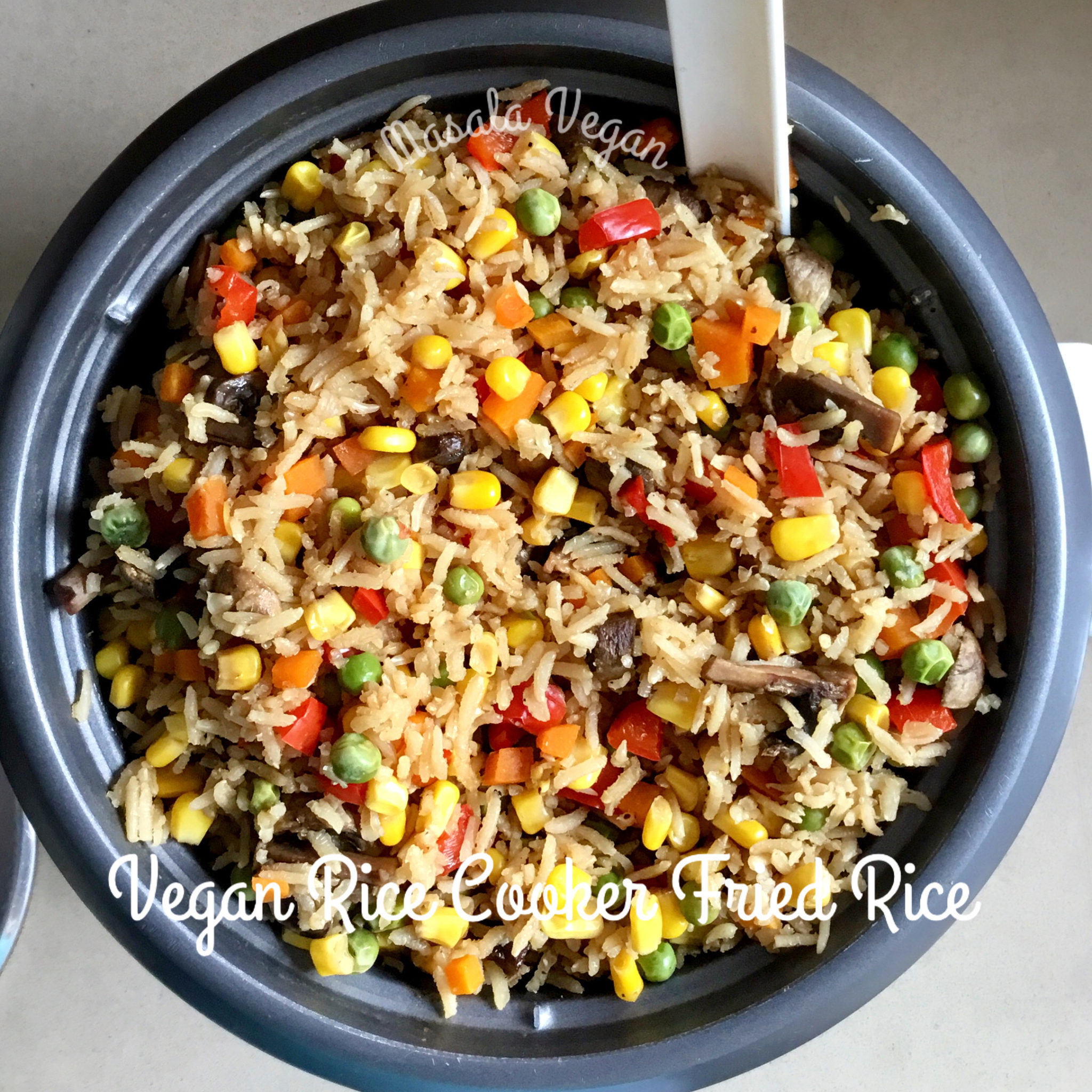Grey rice cooker pot with fried rice showing brown basmati rice with carrot, corn, red capsicum pieces and green shallots